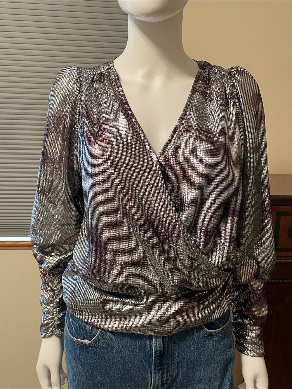 NWT Shimmery Silver-Purple Faux Wrap Blouse Small Festive Party